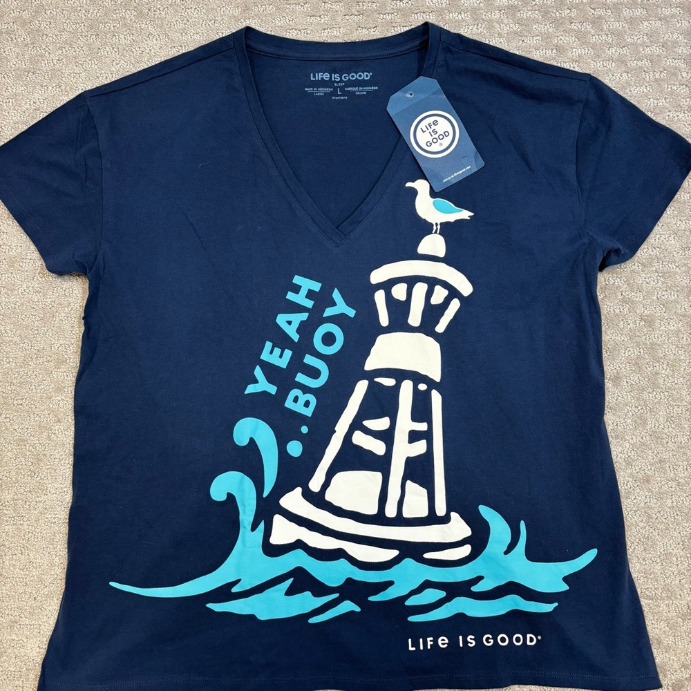 LIFE IS GOOD Size L Yeah Buoy SLEEP SHIRT NWT Ocean Sea Seagull  Blue V Neck
